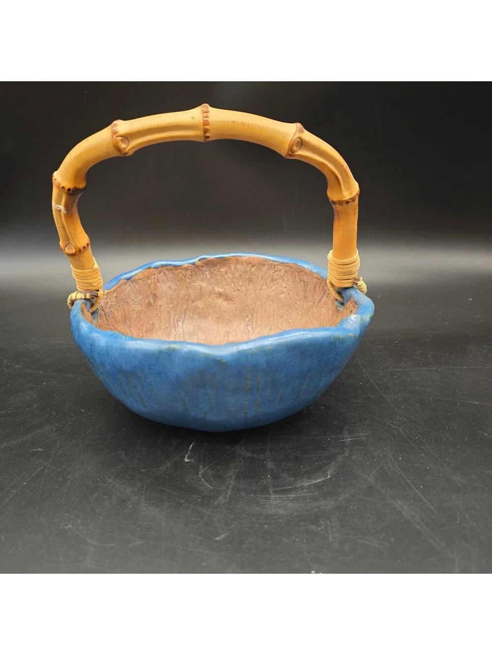 Handmade Studio Pottery Lotus Leaf Basket Bowl Blue Glazed Bamboo Handle Signed